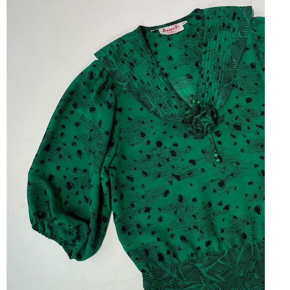Vintage 80's SUSAN FREIS Green Puff Sleeve Patterned Top / Sz XS / Georgette - Picture 4 of 8